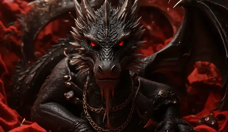 (best quality, 128k,highres,masterpiece:1.2),ultra-detailed,(realistic,photorealistic,photo-realistic:1.37), ((masterpiece)) ((photography)) ((Highest quality)) a unique and original dragon with a subtle BDSM aesthetic, its skin a mix of shiny black latex ...