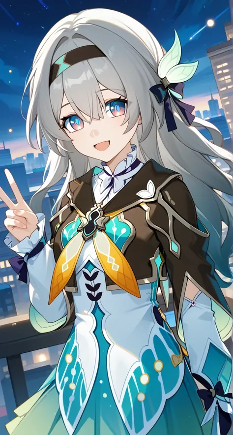 masterpiece,best quality,highres,ultra-detailed,glass cover,alternate color,score_9, score_8_up , score_7_up,dynamic angle,1girl,pretty,(Firefly,Honkai:Star Rail),grey hair,hairband,long hair,jacket,purple eyes,black jacket,white shirt,black hairband,hair ...