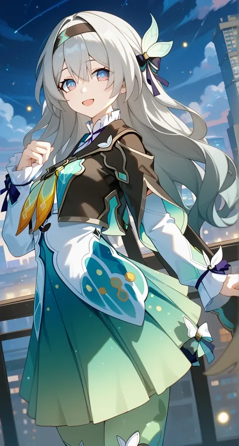 masterpiece,best quality,highres,ultra-detailed,glass cover,alternate color,score_9, score_8_up , score_7_up,dynamic angle,1girl,pretty,(Firefly,Honkai:Star Rail),grey hair,hairband,long hair,jacket,purple eyes,black jacket,white shirt,black hairband,hair ...