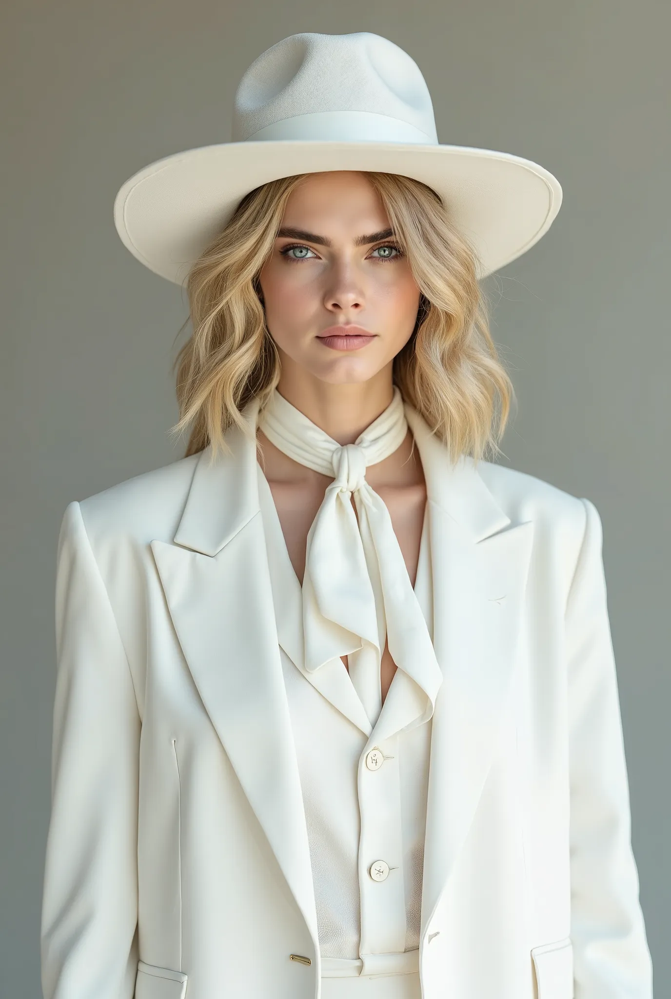  photorealistic, woman with blonde hair wearing a white satin blouse with a white neck tie, paired with a white vest and white blazer, white wide brim hat, white pantalon, female dandy