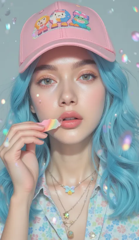 8k, masterpiece, highest quality, Korea's Beautiful Women, Young person with cyan blue pigtails, a pink baseball cap with cartoon characters, a pastel shirt, and pastel necklaces, holding a candy, cosmetic makeup trendy outfits like kawaii, y2k hairstyles...
