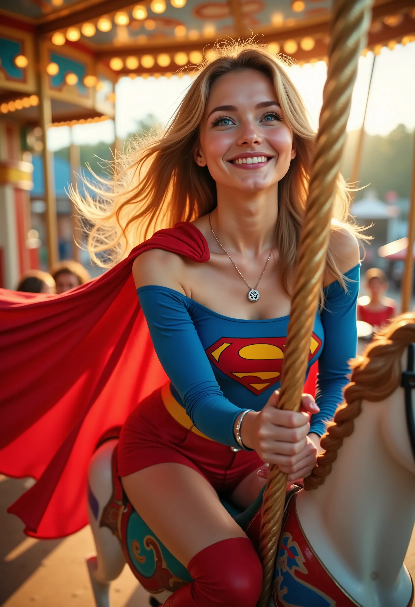 "Ultra photo-realistic 8K aerial cinematic shot of a heroic young woman with flowing golden blonde hair and vivid blue eyes, riding a merry-go-round carousel at Cedar Point amusement park. Her long red cape billows dramatically in the breeze, captured in m...