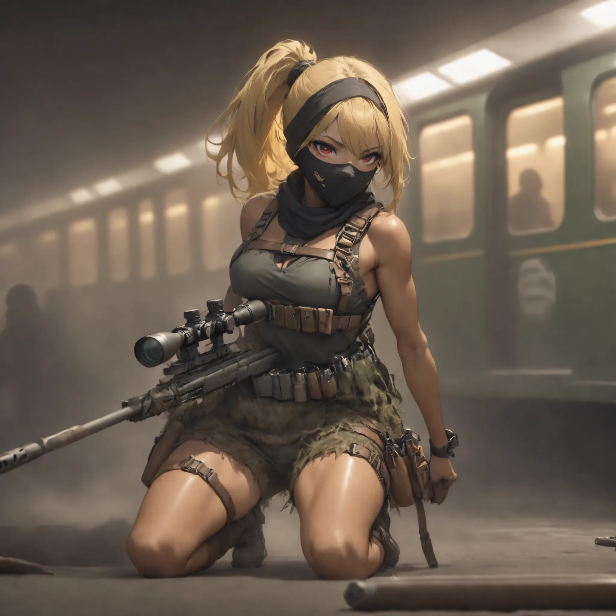 (masterpiece, Highest Quality:1.2), Invincible Girl on the Battlefield, solo,Beautiful Female Sniper、Taking the position of a sniper in a ruined subway 、 Put on a Ghillie suit、Shoot zombies at train stations from inside subway cars 、 anatomically c...