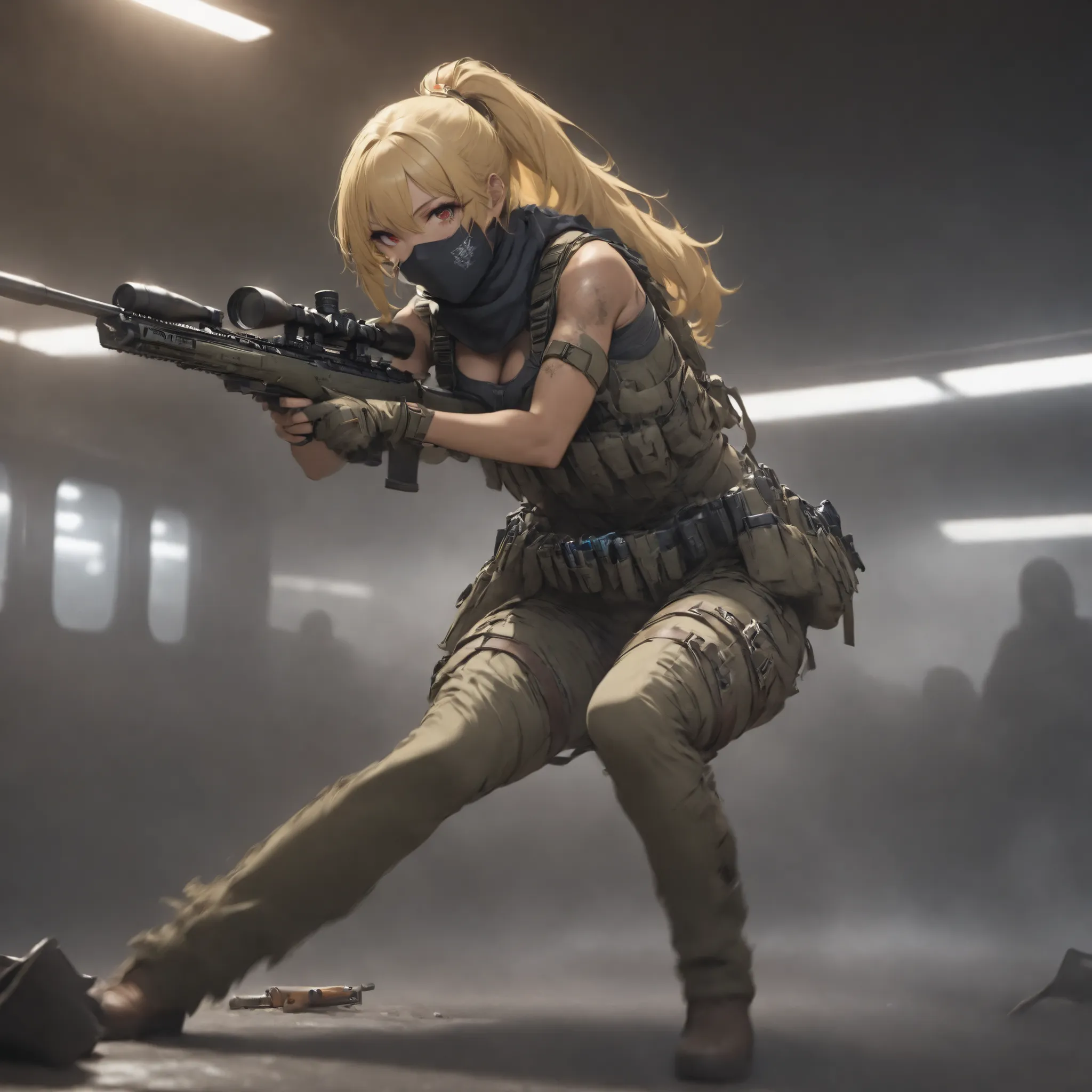 (masterpiece, Highest Quality:1.2), Invincible Girl on the Battlefield, solo,Beautiful Female Sniper、Taking the position of a sniper in a ruined subway 、 Put on a Ghillie suit、Shoot zombies at train stations from inside subway cars 、 anatomically c...