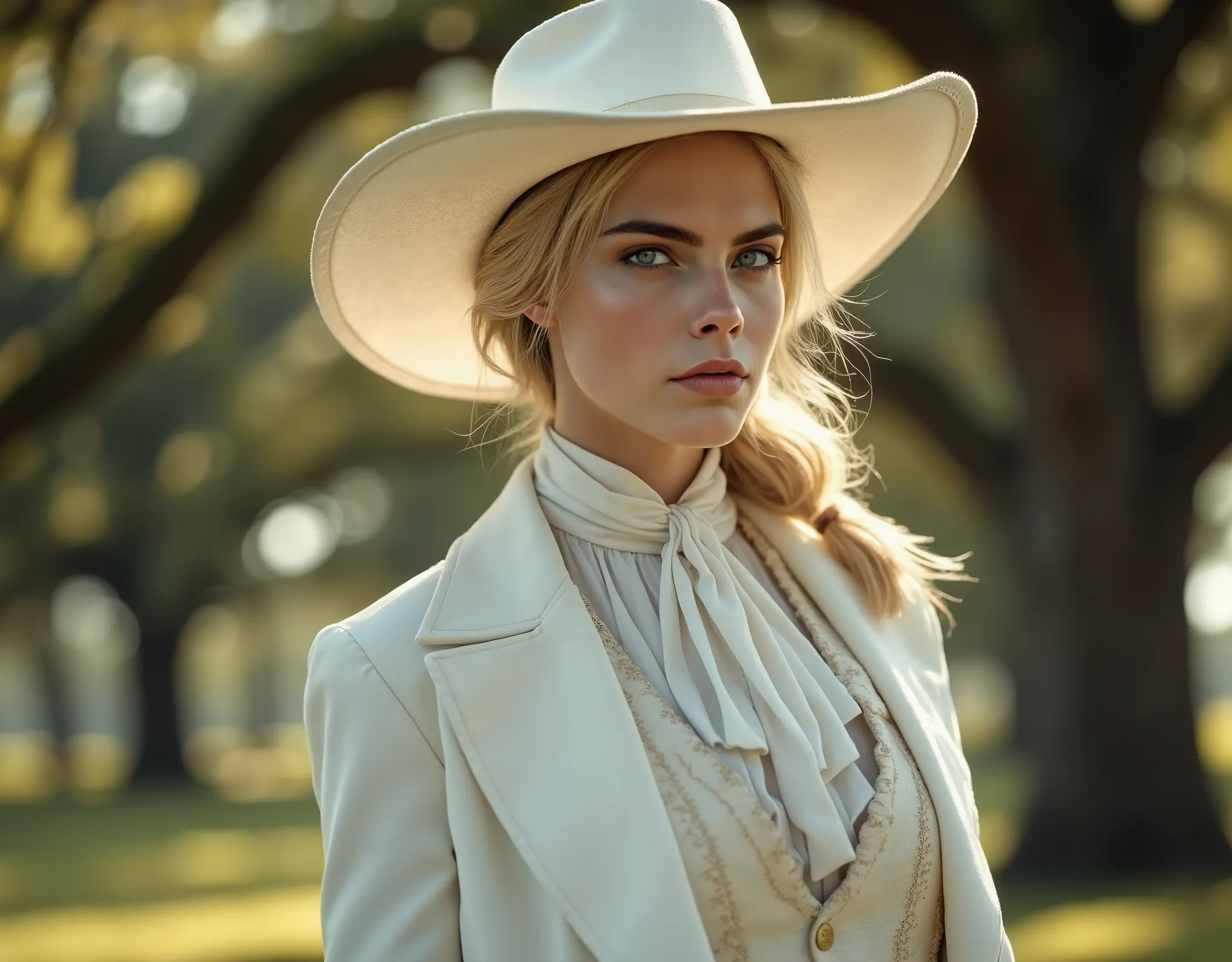  photorealistic, woman with blonde hair wearing a white satin blouse with a white neck tie, paired with a white vest and white blazer, white wide brim hat, white pantalon, female dandy, female slave owner, posing on an 18th century plantation in the Americ...