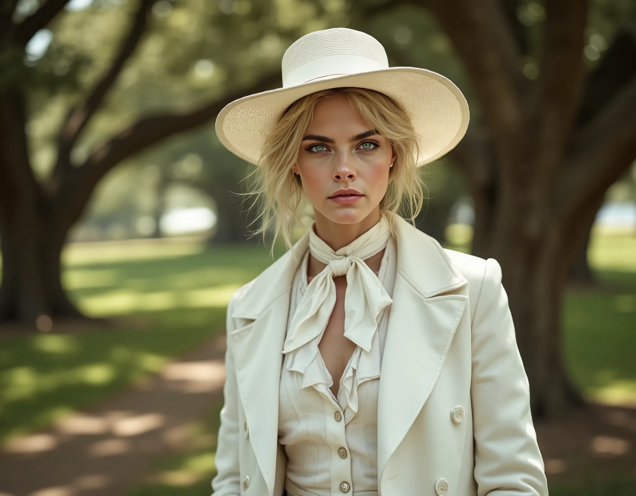  photorealistic, woman with blonde hair wearing a white satin blouse with a white neck tie, paired with a white vest and white blazer, white wide brim hat, white pantalon, female dandy, female slave owner, posing on an 18th century plantation in the Americ...