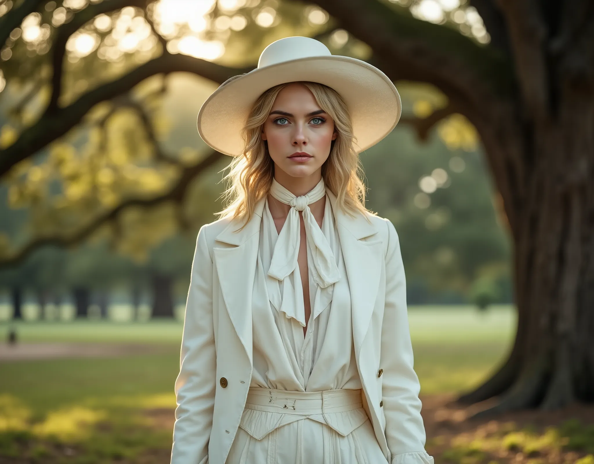  photorealistic, woman with blonde hair wearing a white satin blouse with a white neck tie, paired with a white vest and white blazer, white wide brim hat, white pantalon, female dandy, female slave owner, posing on an 18th century plantation in the Americ...