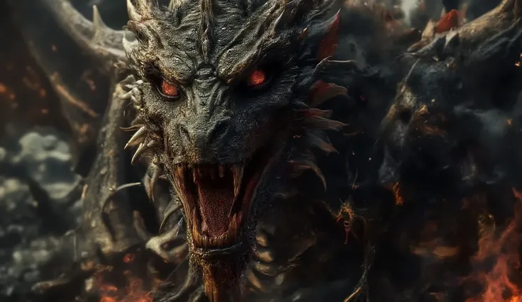 (best quality, 128k,highres,masterpiece:1.2),ultra-detailed,(realistic,photorealistic,photo-realistic:1.37), ((masterpiece)) ((photography)) ((Highest quality)) A terrifying full-body dragon in black, gold, and red tones, with massive sharp teeth, glowing ...