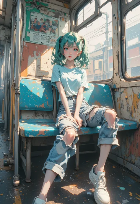 "Hatsune Miku in casual clothes (light blue t-shirt + ripped jeans) sitting on worn subway seat, peeling paint on carriage walls with rusted handrails. Morning light through rain-streaked windows casts soft shadows on her face, hair slightly flowing. Backg...