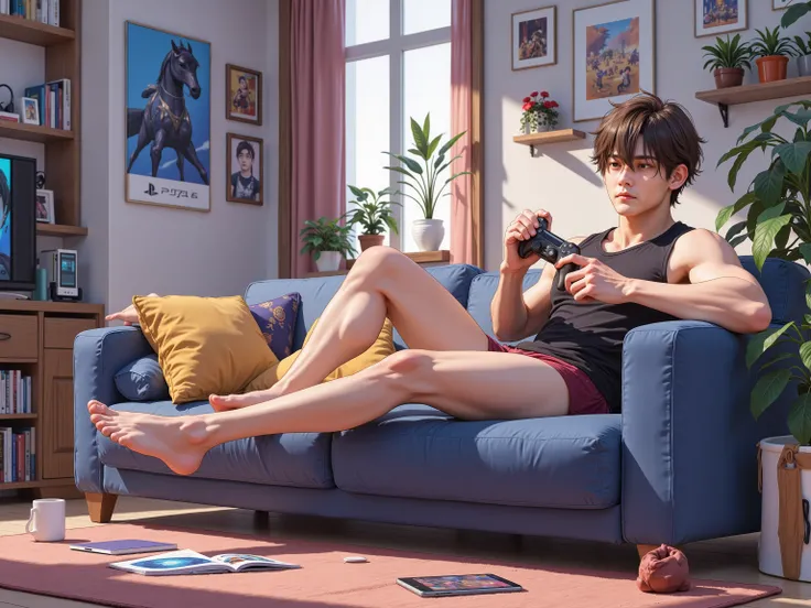 anime, comic or manga style of an illustration: wide shot, full body, Soft-lit warm and bluish purplish at night in a living room, a guy in just burgundy small briefs, black tank top, and latin, more playful, relaxed on a couch, playing a PS5 game. He is o...