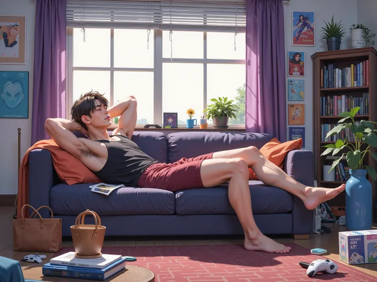anime, comic or manga style of an illustration: wide shot, full body, Soft-lit warm and bluish purplish at night in a living room, a guy in just burgundy small briefs, black tank top, and latin, more playful, relaxed on a couch, playing a PS5 game. He is o...