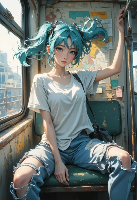 "Hatsune Miku in casual clothes (light blue t-shirt + ripped jeans) sitting on worn subway seat, peeling paint on carriage walls with rusted handrails. Morning light through rain-streaked windows casts soft shadows on her face, hair slightly flowing. Backg...