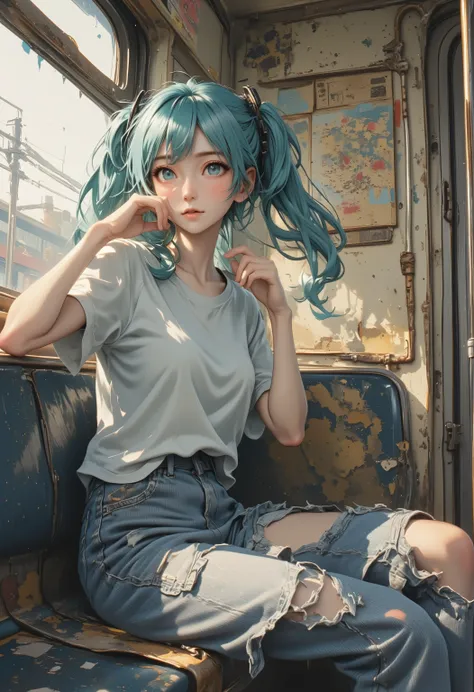 "Hatsune Miku in casual clothes (light blue t-shirt + ripped jeans) sitting on worn subway seat, peeling paint on carriage walls with rusted handrails. Morning light through rain-streaked windows casts soft shadows on her face, hair slightly flowing. Backg...