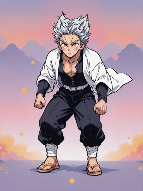colorful back background with silver hair and yellow eyes based on a Demon Slayer illustration, gay, One Punch Man[garou], Full body illustration, Referring to the Demon Slayer illustration