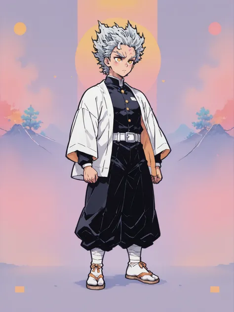 colorful back background with silver hair and yellow eyes based on a Demon Slayer illustration, gay, One Punch Man[garou], Full body illustration, Referring to the Demon Slayer illustration