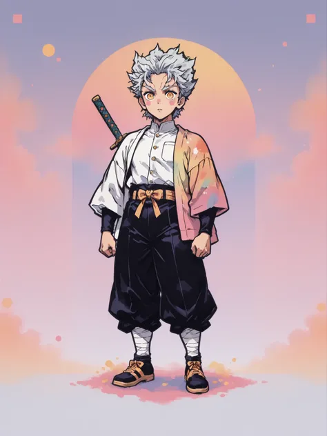 colorful back background with silver hair and yellow eyes based on a Demon Slayer illustration, gay, One Punch Man[garou], Full body illustration, Referring to the Demon Slayer illustration