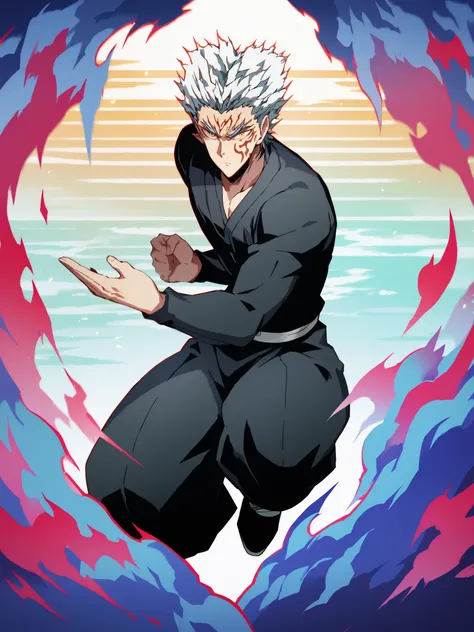 colorful back background with silver hair and yellow eyes based on a Demon Slayer illustration, gay, One Punch Man[garou], Full body illustration, Referring to the Demon Slayer illustration