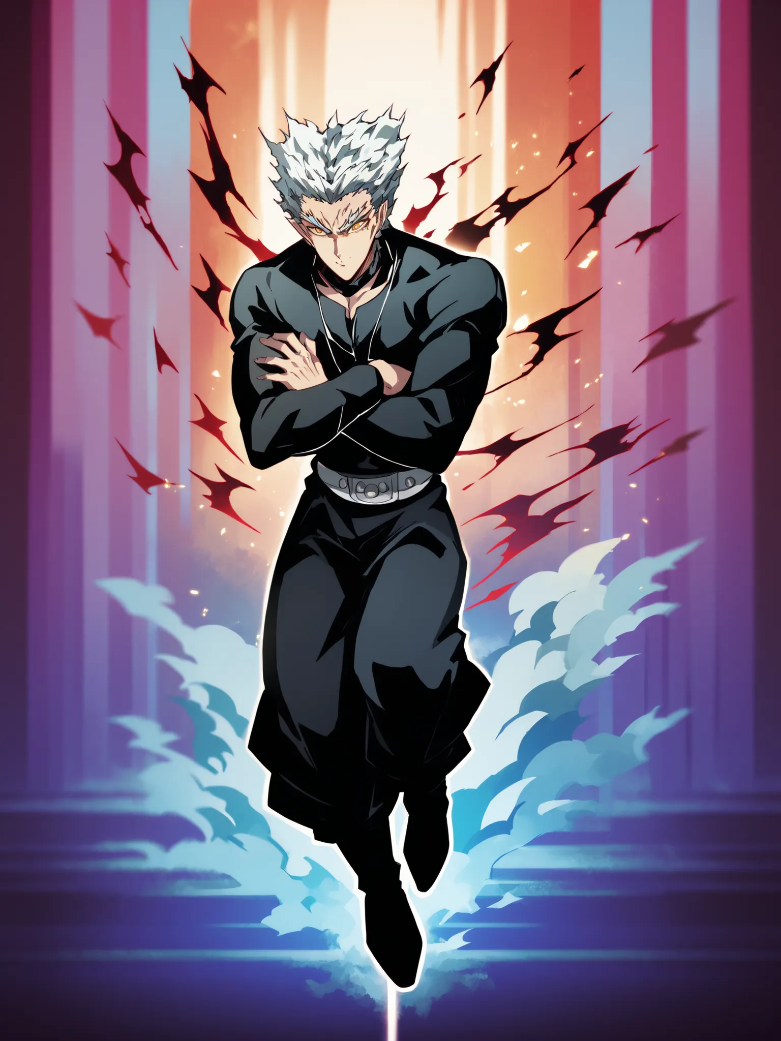 colorful back background with silver hair and yellow eyes based on a Demon Slayer illustration, gay, One Punch Man[garou], Full body illustration, Referring to the Demon Slayer illustration
