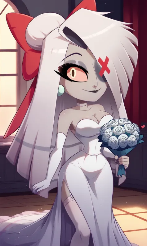big head, , chibi style, chibi , chibi,cute chibi, , vaggie(hazbin_hotel), (vaggie) 1 girl, xvaggiex, white hair, very long hair, bun, red sclera, yellow eyes, hair over one eye, , breasts, jewelry, alone, earrings, wedding dress, bouquet, makeup, cleavage...