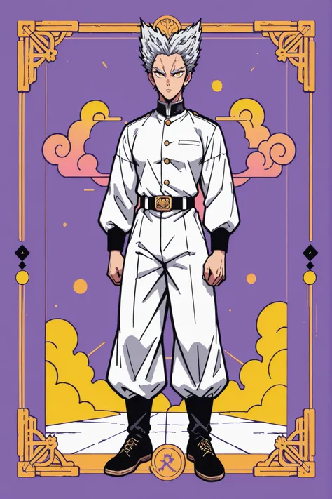 colorful back background with silver hair and yellow eyes based on a Demon Slayer illustration, gay, One Punch Man[garou], Full body illustration. Garou. White uniform pants. black neck polar tee. clearly shows the shape of the body. 5 fingers