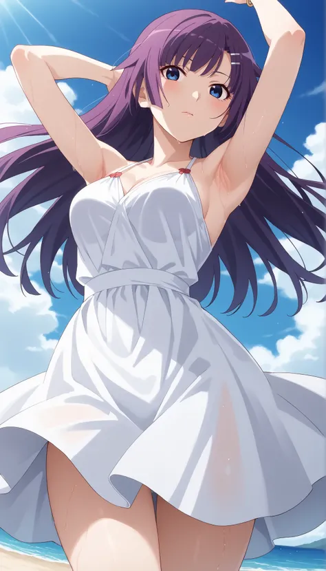(((Ｍaster Peace))),(((High Quality))),(((Hitagi Senjougahara))),white dress,medium breasts,Seaside beach,Arms Raised Pose,purple hair,low angle,long hair,Ulchan-6500-v1.1, ( RAW photos :1.2), beautiful detailed, very detailed目 美しい目,beautiful eyes,Blue eyes...