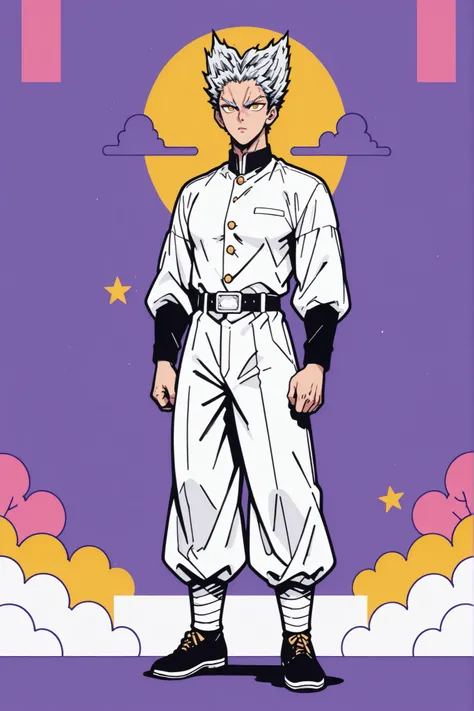 colorful back background with silver hair and yellow eyes based on a Demon Slayer illustration, gay, One Punch Man[garou], Full body illustration. Garou. White uniform pants. black neck polar tee. clearly shows the shape of the body. 5 fingers