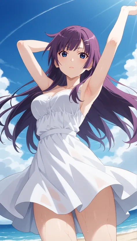 (((Ｍaster Peace))),(((High Quality))),(((Hitagi Senjougahara))),white dress,medium breasts,Seaside beach,Arms Raised Pose,purple hair,low angle,long hair,Ulchan-6500-v1.1, ( RAW photos :1.2), beautiful detailed, very detailed目 美しい目,beautiful eyes,Blue eyes...