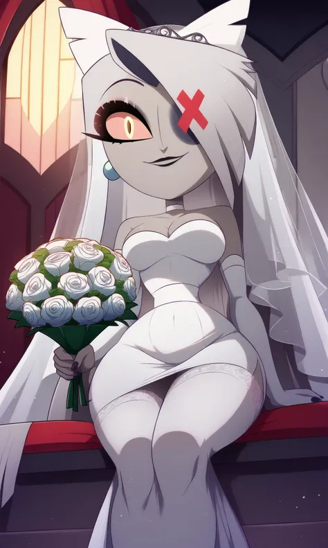 ((masterpiece, detailed image, soft skin, style_2d_chibi)), , vaggie(hazbin_hotel), (vaggie) 1 girl, xvaggiex, white hair, very long hair, red sclera, yellow eyes, hair over one eye, sitting, ((from below)), (side), (focus on face), breasts, jewelry, alone...