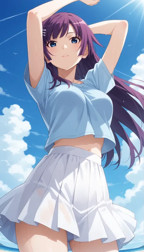 (((Ｍaster Peace))),(((High Quality))),(((Hitagi Senjougahara))),white skirt,light blue t-shirt from brown top,medium breasts,Seaside beach,Arms Raised Pose,purple hair,low angle,long hair,Ulchan-6500-v1.1, ( RAW photos :1.2), beautiful detailed, very detai...