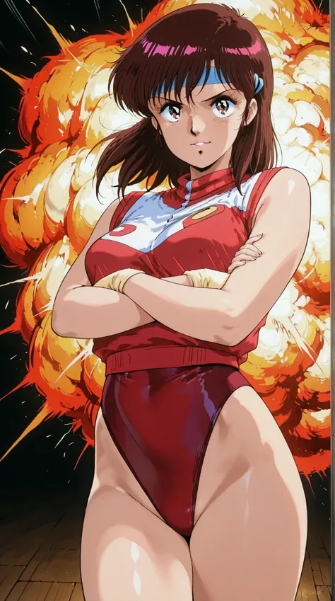 score_9, score_8_up, score_7_up, masterpiece, source_anime,1girl, (Takaya Noriko,dark brown medium hair,blue head band,red and white colored leotard,curvy ,age up,30 years old),in a dynamic motion,(motion effect:1.1 ), ( Standing with arms folded:1.3),motion lines, motion blur,(background is a explosion:1.3) , cel_mikimoto,1980’s anime style
