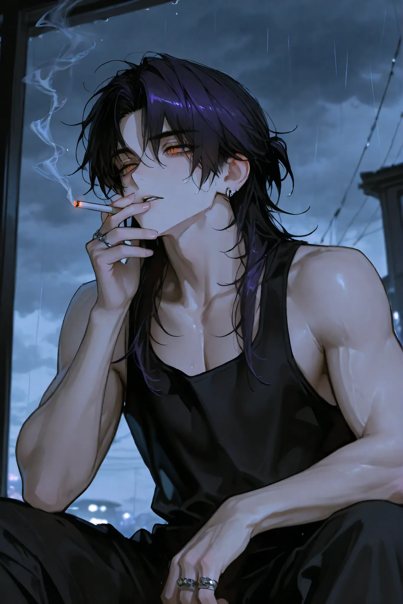 8k, 아름다운 masterpiece, 34-year-old man ,mature 남자, handsome and strong male, strong appearance, handsome, Sturdy body, manly appearance, pretty face , half a bundle of hair, disheveled bangs, dark purple black hair in the rain under a cloudy sky, dishevele...