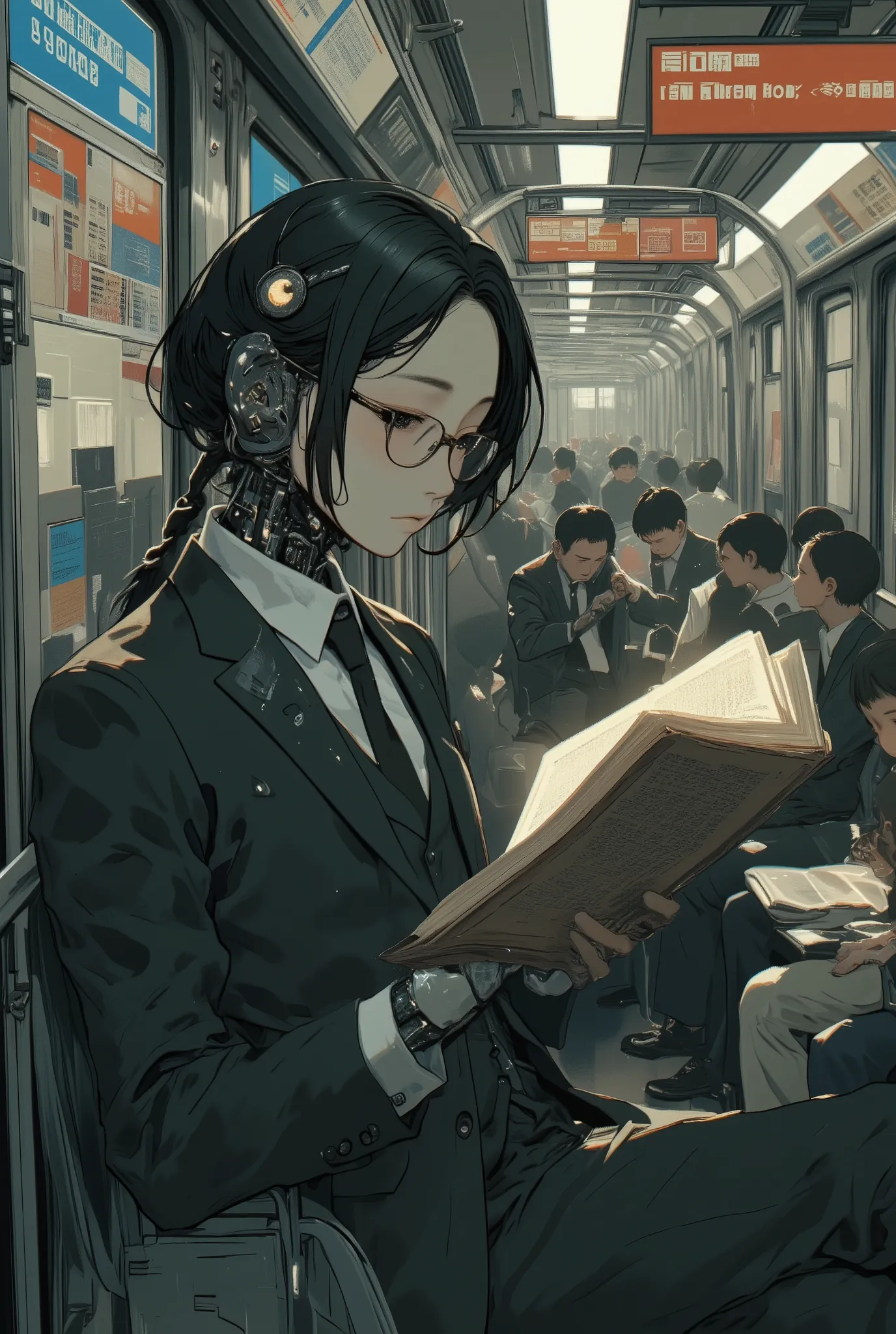 portrait of a humanoid AI politician with realistic synthetic skin, sleek black hair and glasses, reading a worn paperback book on a crowded subway train,
wearing a formal suit and subtle glowing circuitry beneath the collar, emotionless expression, stan...