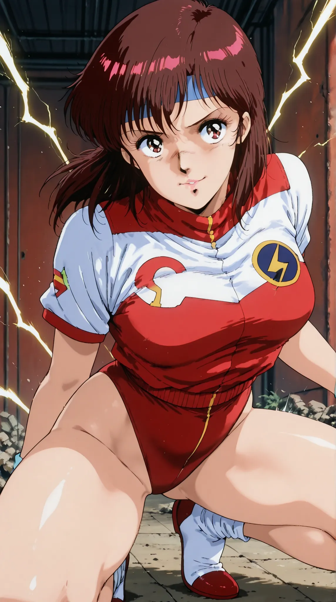score_9, score_8_up, score_7_up, masterpiece, source_anime,1girl, (Takaya Noriko,dark brown medium hair,blue head band,red and white colored leotard,curvy ,age up,30 years old),in a dynamic motion,(motion effect:1.1 ), (Squatting in a forward leaning posit...