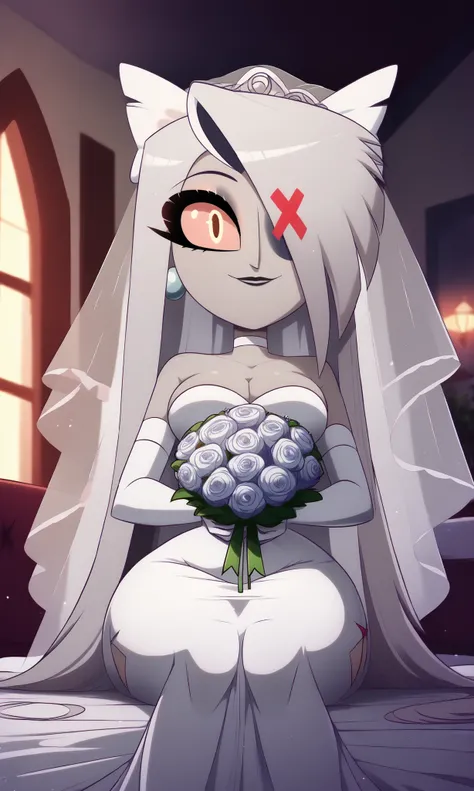 ((masterpiece, detailed image, soft skin, style_2d_chibi)), , vaggie(hazbin_hotel), (vaggie) 1 girl, xvaggiex, white hair, very long hair, red sclera, yellow eyes, hair over one eye, sitting, ((from below)), (side), (focus on face), breasts, jewelry, alone...