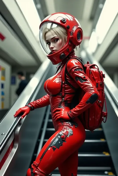 A young asthenic female astronaut in a glossy red, latex-like space cyber-futuristic spacesuit, glossy, mirrored helmet, about 20 years old. A confident, relaxed pose when standing on an escalator in the subway, with your hand on the railing, and looking ...
