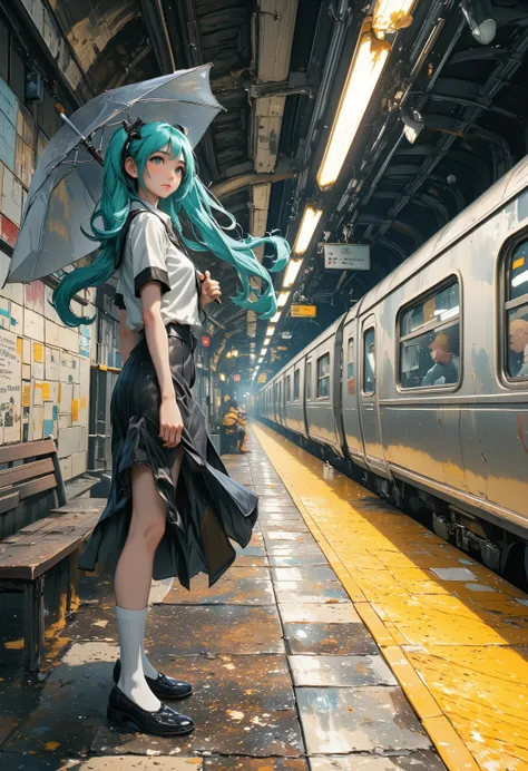 [Realistic illustration style] Hatsune Miku stands on an underground subway platform, arched ceiling embedded with warm yellow wall lamps, wet terrazzo floor reflecting train lights. She wears iconic turquoise twin-tails and uniform, cotton skirt naturally...