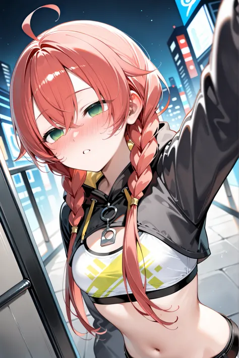 {Highest quality}, {so beautiful}, {Very detailed,beautiful face:1.4}, {Best illustrations},niji-akaricos1, print crop top,sports bra,stomach,midriff,navel,black belt,crop jacket,black jacket,long sleeves,(very blush,very drunk,empty eyes),cowboy shot,stan...