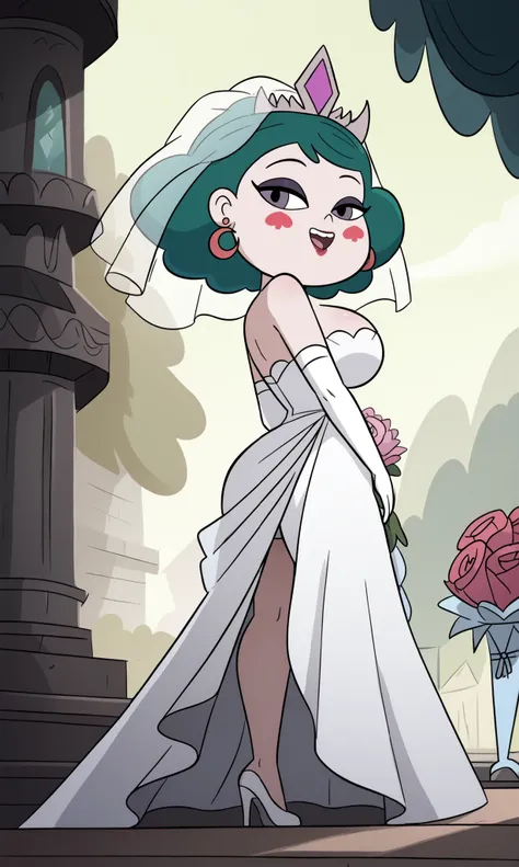 big head, , chibi style, chibi , chibi,cute chibi, (eclipsa butterfly) 1 girl, (from below), from side, ((focus on face)), side opening, ass visible through thighs, breasts, jewelry, solo, earrings, wedding dress, bouquet, makeup, cleavage, big breasts, sm...