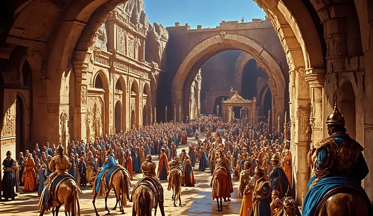 1950s, still image,Image is a widescreen movie still depicting a grand procession of camels and riders in an ancient architectural setting. The scene is framed by large stone arches with intricate carvings, suggesting a historical or epic film. The camels ...