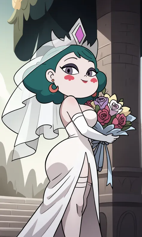 big head, , chibi style, chibi , chibi,cute chibi, (eclipsa butterfly) 1 girl, (from below), from side, ((focus on face)), side opening, ass visible through thighs, breasts, jewelry, solo, earrings, wedding dress, bouquet, makeup, cleavage, big breasts, sm...