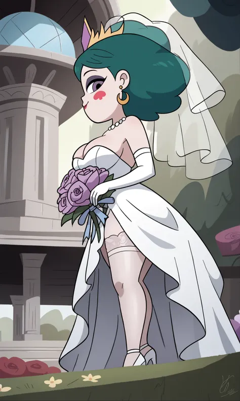 big head, , chibi style, chibi , chibi,cute chibi, (eclipsa butterfly) 1 girl, (from below), from side, ((focus on face)), side opening, ass visible through thighs, breasts, jewelry, solo, earrings, wedding dress, bouquet, makeup, cleavage, big breasts, sm...