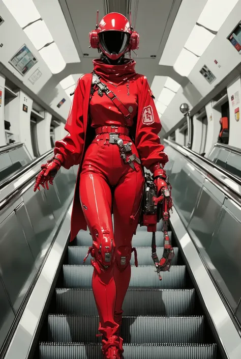 A young asthenic female astronaut in a glossy red, latex-like space cyber-futuristic spacesuit, glossy, mirrored helmet, about 20 years old. A confident, relaxed pose when standing on an escalator in the subway, with your hand on the railing, and looking s...