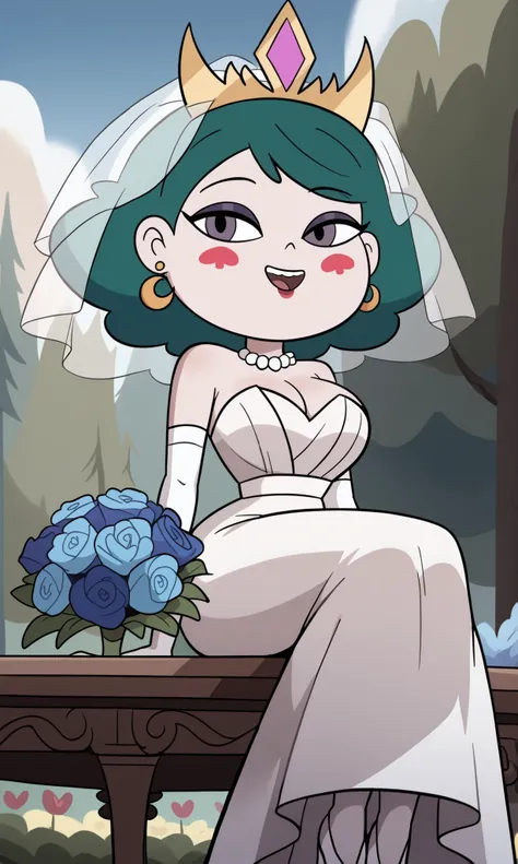 big head, , chibi style, chibi , chibi,cute chibi, (eclipsa butterfly) 1 girl, (from below), from side, ((focus on face)), side opening, ass visible through thighs, breasts, jewelry, solo, earrings, wedding dress, bouquet, sitting, makeup, cleavage, big br...