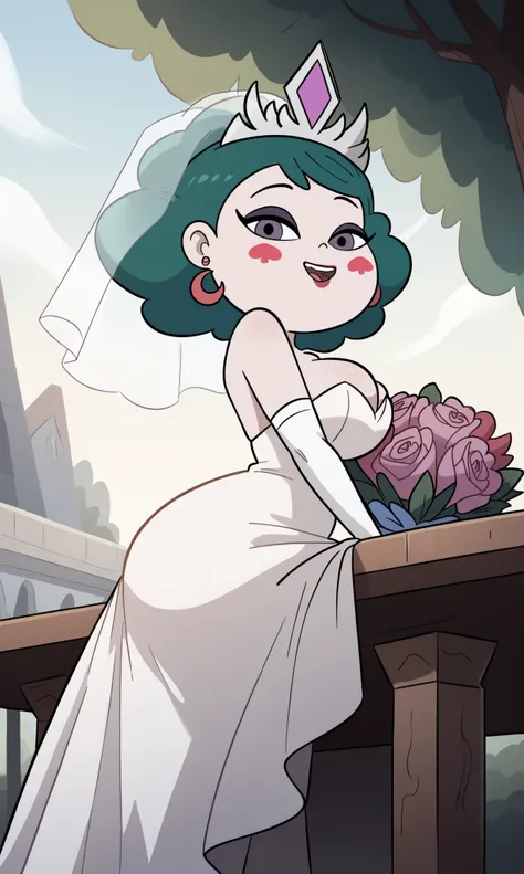 big head, , chibi style, chibi , chibi,cute chibi, (eclipsa butterfly) 1 girl, (from below), from side, ((focus on face)), side opening, ass visible through thighs, breasts, jewelry, solo, earrings, wedding dress, bouquet, sitting, makeup, cleavage, big br...