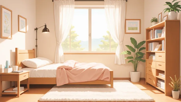 soft anime-style, ultra high quality.
A serene and tidy bedroom of a female streamer, decorated in milky beige and pale pink tones.
The atmosphere is calm, gentle, and bathed in soft natural light.
In the center background, a simple bed with round cushions...