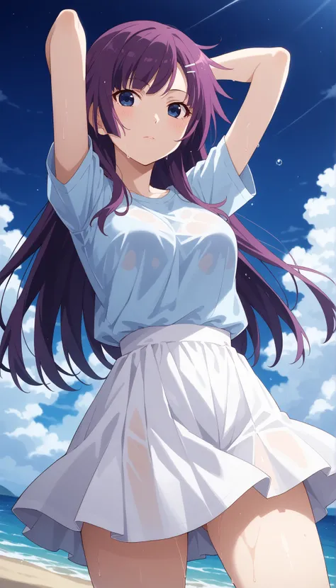 (((Ｍaster Peace))),(((High Quality))),(((Hitagi Senjougahara))),white skirt,light blue t-shirt from brown top,medium breasts,Seaside beach,Arms Raised Pose,purple hair,low angle,long hair,Ulchan-6500-v1.1, ( RAW photos :1.2), beautiful detailed, very detai...