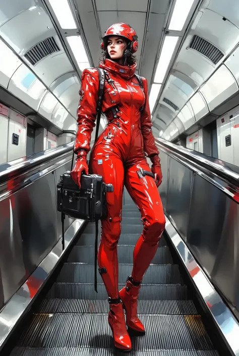 A young asthenic female astronaut in a glossy red, latex-like space cyber-futuristic spacesuit, glossy, mirrored helmet, about 20 years old. A confident, relaxed pose when standing on an escalator in the subway, with your hand on the railing, and looking s...