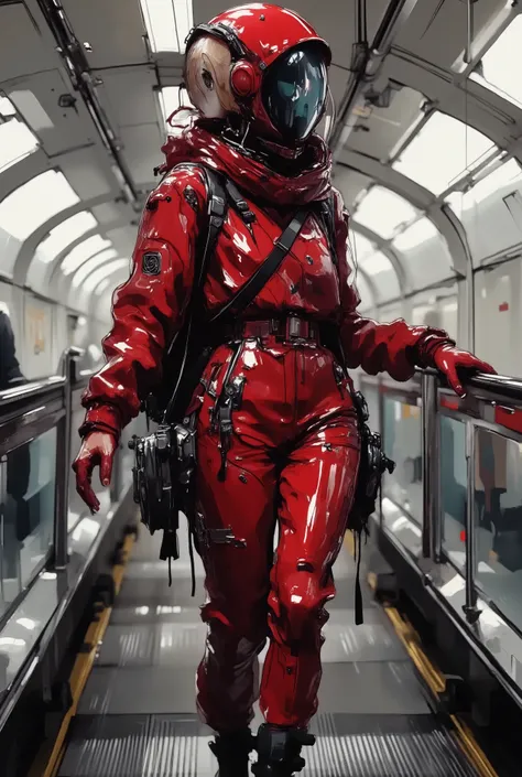 A young asthenic female astronaut in a glossy red, latex-like space cyber-futuristic spacesuit, glossy, mirrored helmet, about 20 years old. A confident, relaxed pose when standing on an escalator in the subway, with your hand on the railing, and looking s...