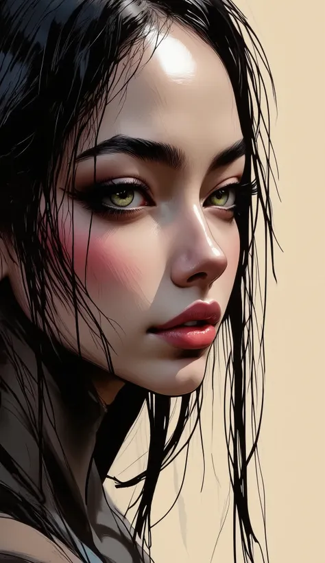 A close-up portrait illustration, side profile view of soft feminine features, striking bright green eyes with detailed eyelashes, pink glossy lips, delicate smooth skin with a slight rosy undertone, dramatic black strands of hair falling across the face, ...