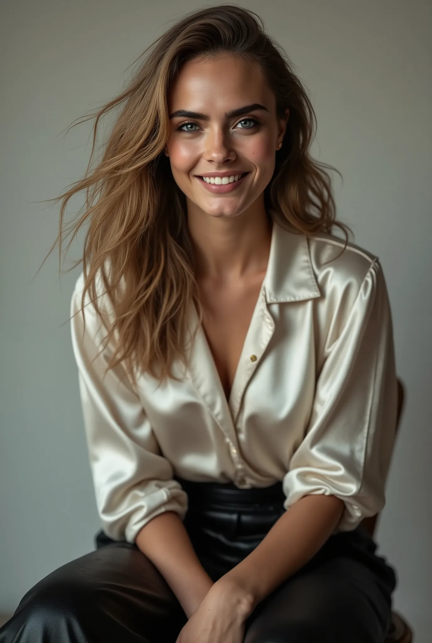 woman with wavy hair. She poses in a photo studio. She is sitting on a chair and wearing a satin blouse and a full length leather maxi skirt. Happy attitude and smiling. The lights are towards her. It's very realistic. Portrait photo. beautiful eyes, perfe...